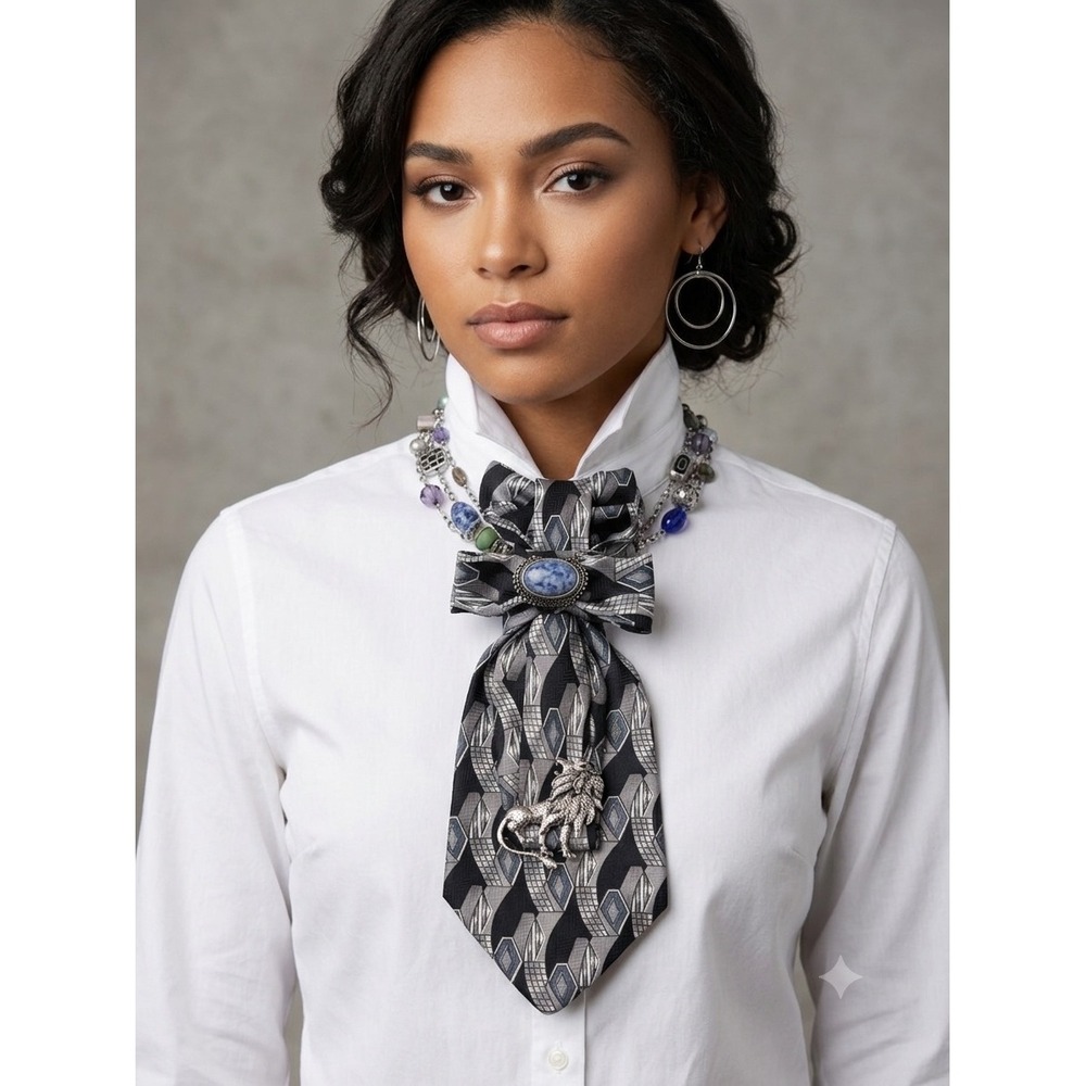Franck Michel Italy Silk Tie Necklace Lion Brooch & Hoop Earrings Set Maximalist